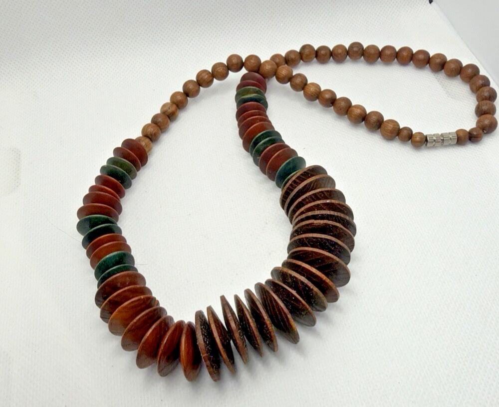 Vintage Wooden Disc Bead Necklace Chunky Graduated Boho Brown Green Tones 20"